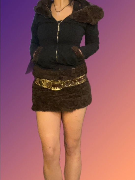 None Dresses & Skirts - Handmade Y2K Plush Faux Fur Mini Skirt Dark Brown OOAK